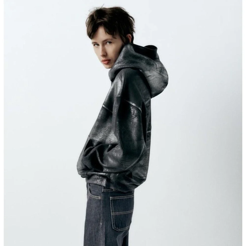 ZARA Womens Girls Metallic Silver Punk Gothic Rock Hoodie‎ Sweatshirt Size S - Picture 6 of 15